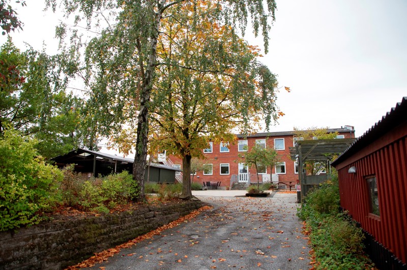 På billedet er en vej med beplantning i siderne. Vejen ender ved et stort rødt murstenshus i to plan.