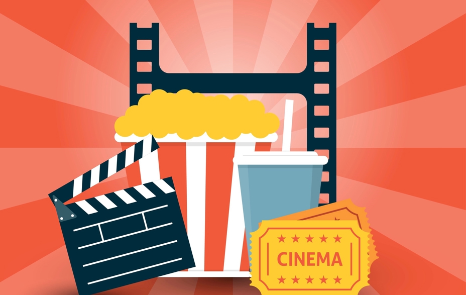 På billedet er bio billetter, popcorn, sodavand, udklip af filmrulle og klip bræt.