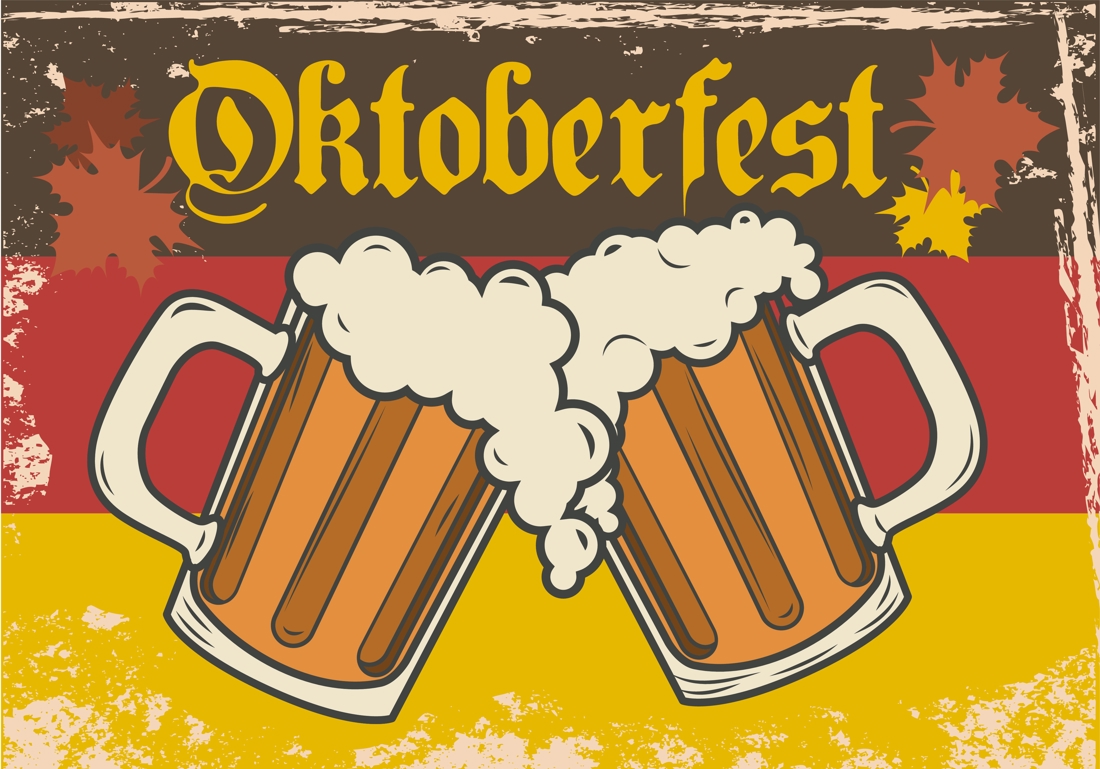 Tegning med to ølkrus der skåler og tekst over hvor der står oktoberfest
